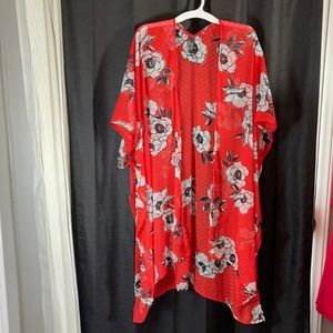Plus size (up to 3x) red flower print kimono. See through